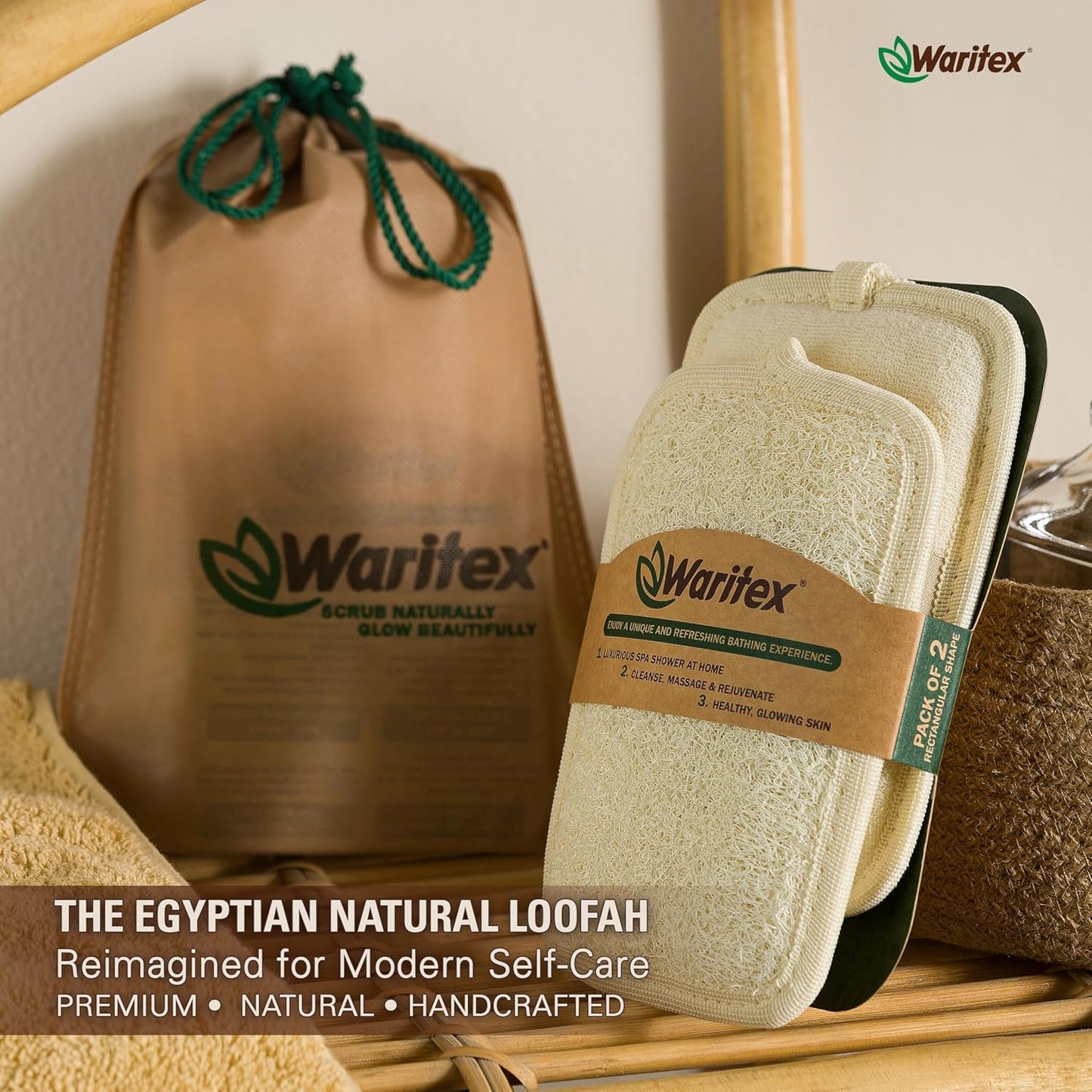 Waritex Egyptian Loofah Rectangular Body Scrubbers with Hand Strap
